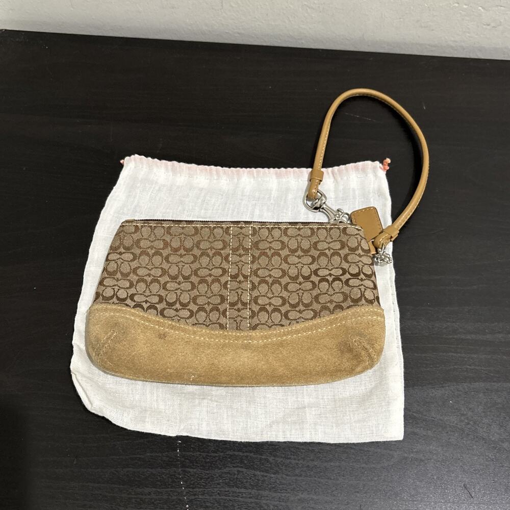 Vintage Y2K Brown Coach Canvas Suede Wristlet Signature Pattern Coin Pouch